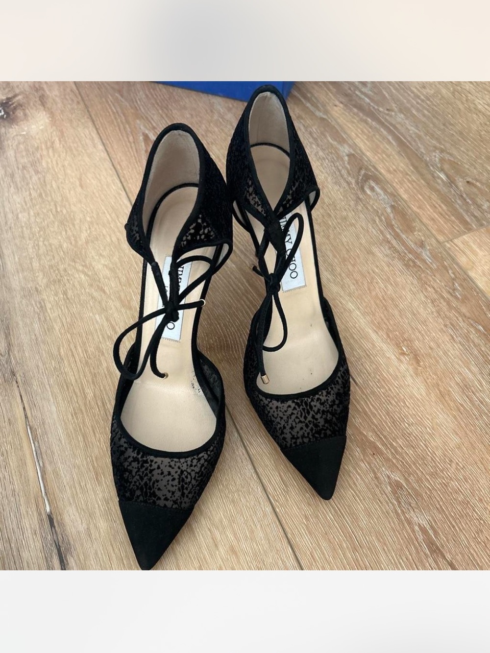 Jimmy Choo Black Lace Pointed Tie-Ankle Pumps